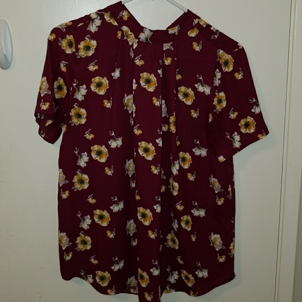 Burgundy with yellow flower print shirt